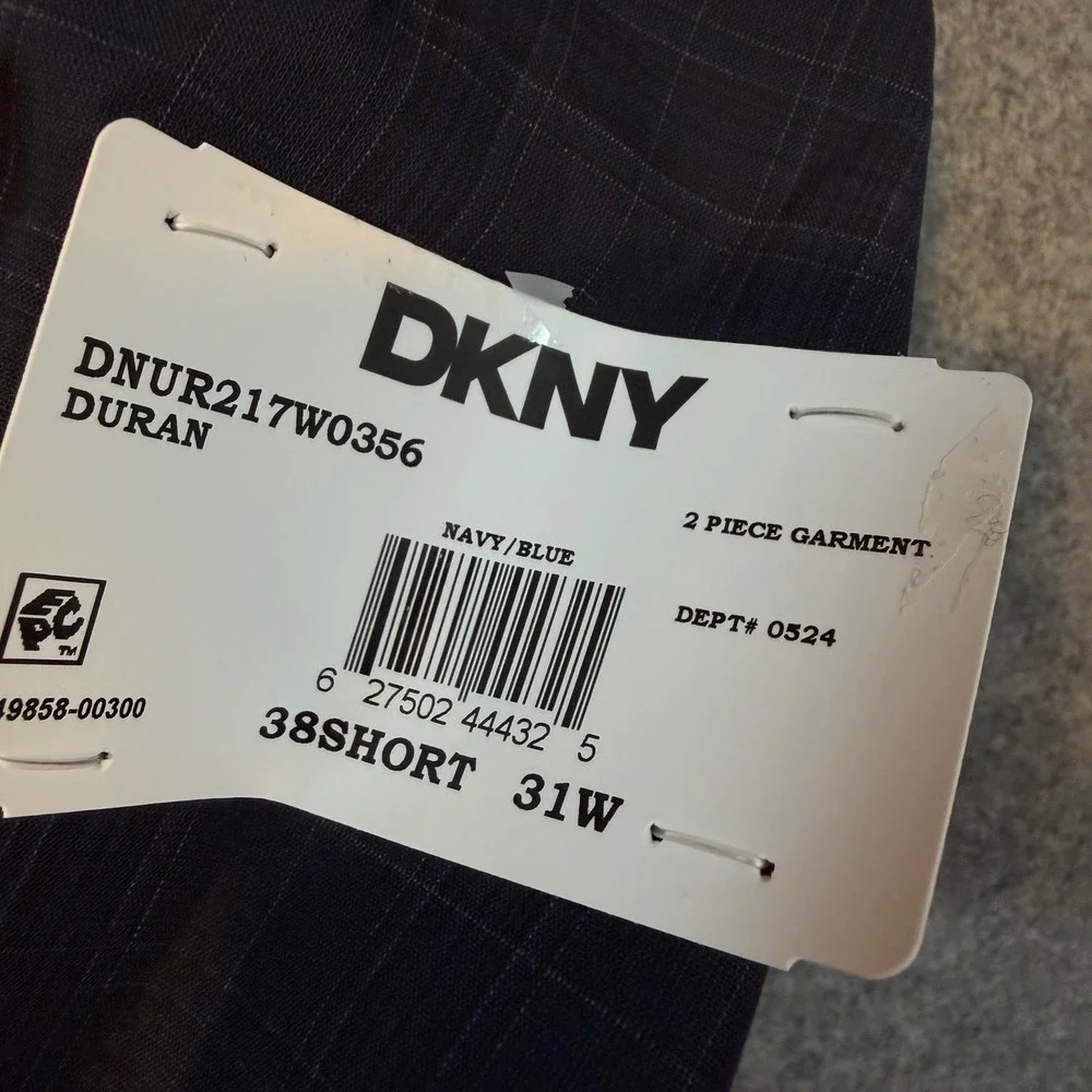 DKNY Duran Men 2 Piece Suit 38 Short 31W Navy Blue Plaid Modern Fit DNUR217W0356